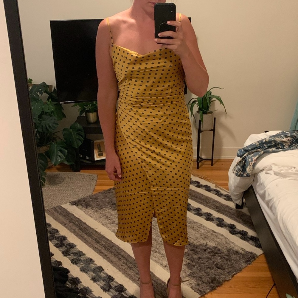 NWT Isalis Gold/yellow dress with dark blue polka dots